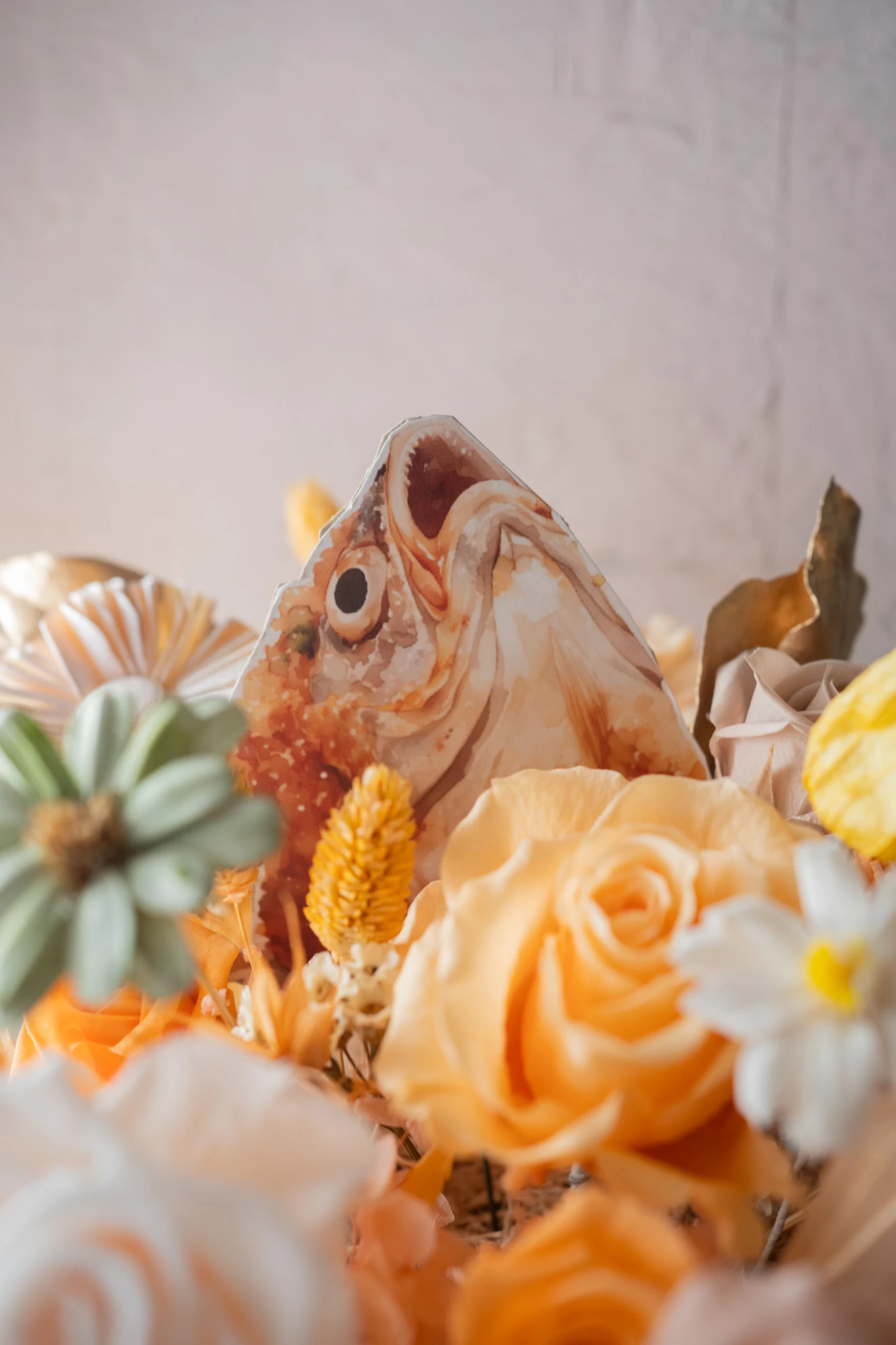 火鍋永生花砂鍋內部細節・暖橘玫瑰與翠綠葉材模擬沙茶湯頭層次・村家鮭女為春一枝 iceSpring 設計