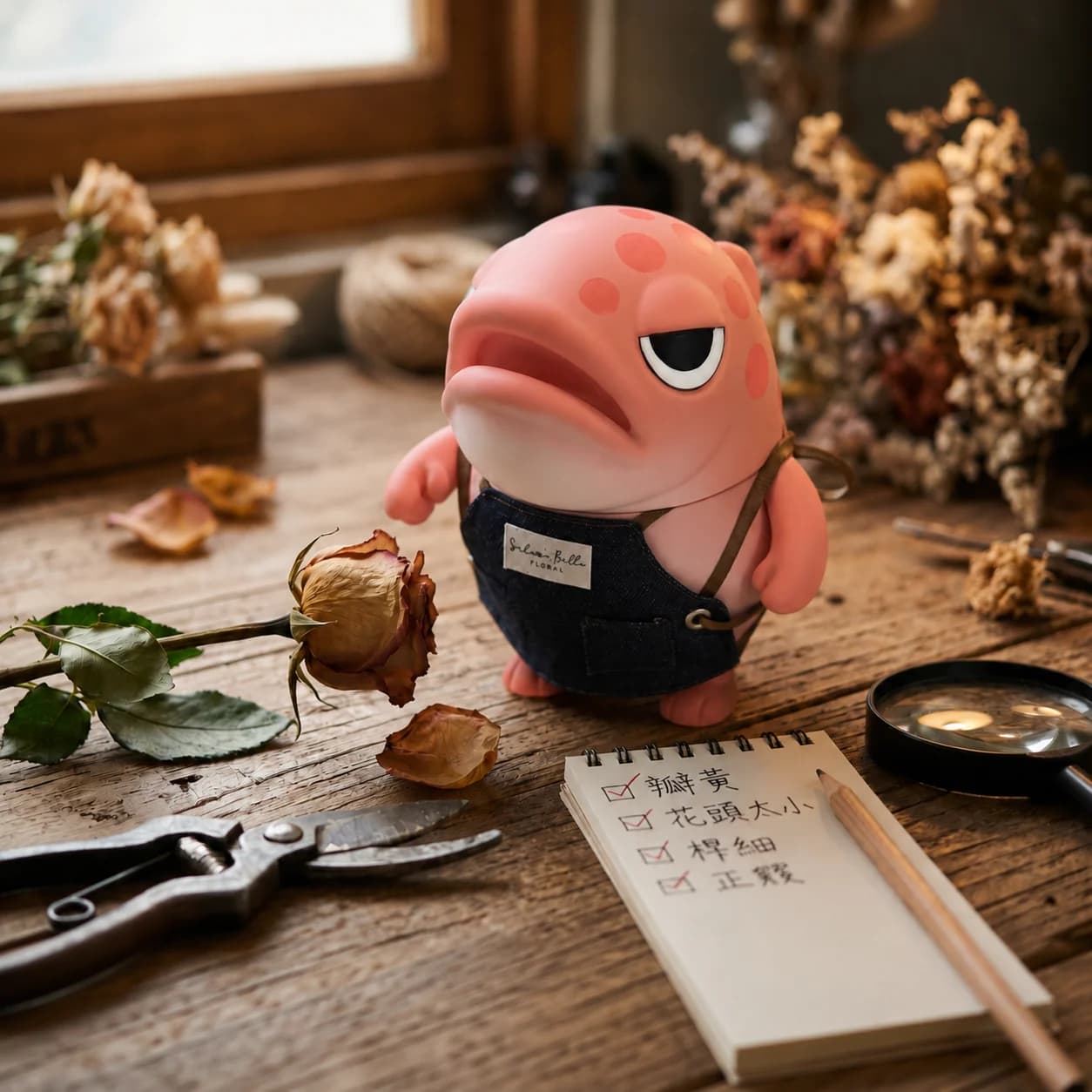 鮭毛先生對著一朵乾枯玫瑰、桌邊筆記本寫著黏瓣黃／花頭太小／桿細／正瓣 評鑑清單